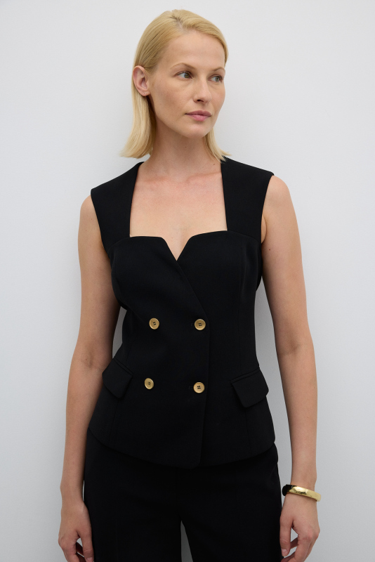 Gold Düğmeli Kruvaze Yelek Siyah - Roman