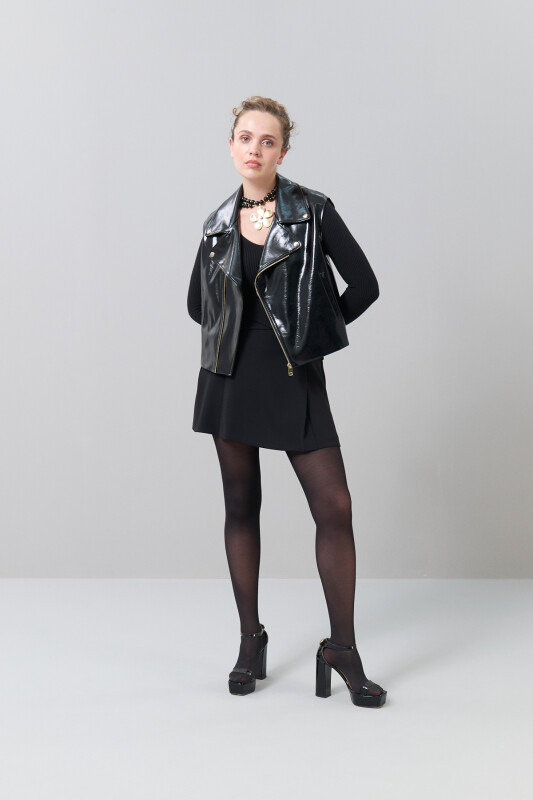 Gold Fermuar Ve Çıtçıtlı Deri Yelek Siyah - Roman (1)