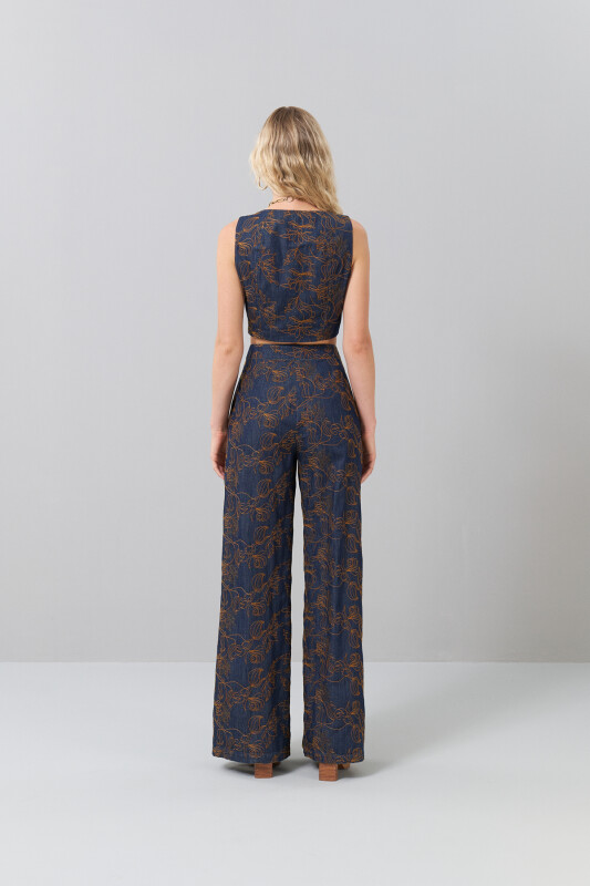 Gold Çıtçıtlı U Yaka İşlemeli Denim Yelek Lacivert - Roman (1)