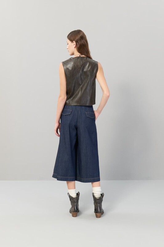 Önü Fermuarlı V Yaka Eskitme Deri Yelek Kahve - Roman (1)