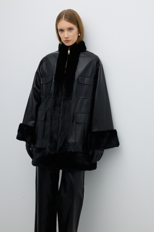 Fermuarlı İçi Peluş Deri Mont Siyah - 3