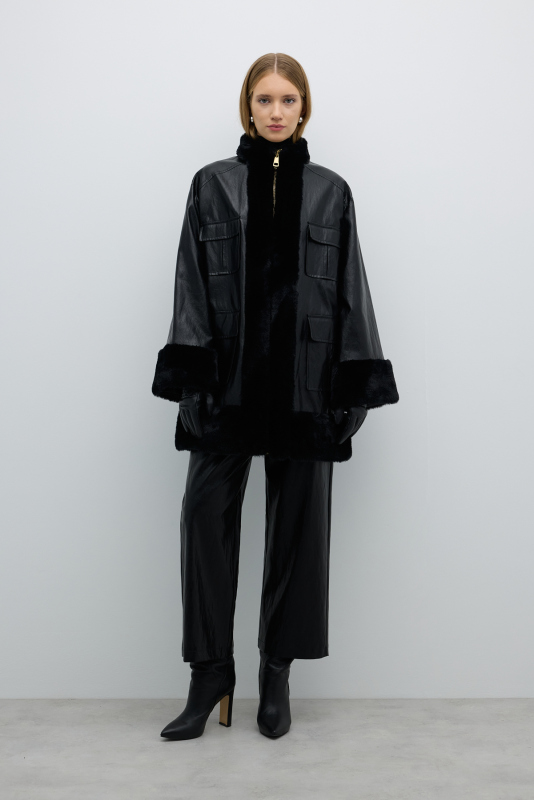 Fermuarlı İçi Peluş Deri Mont Siyah - 1