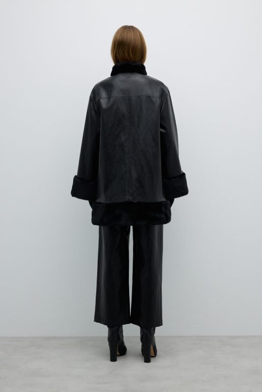 Fermuarlı İçi Peluş Deri Mont Siyah - 2