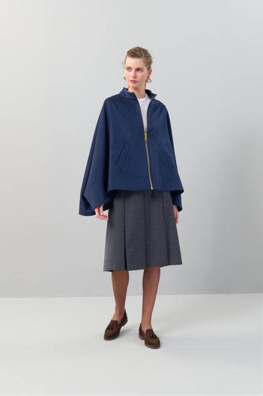 Gold Fermuar Detaylı %100 Yün Panço Lacivert - 3