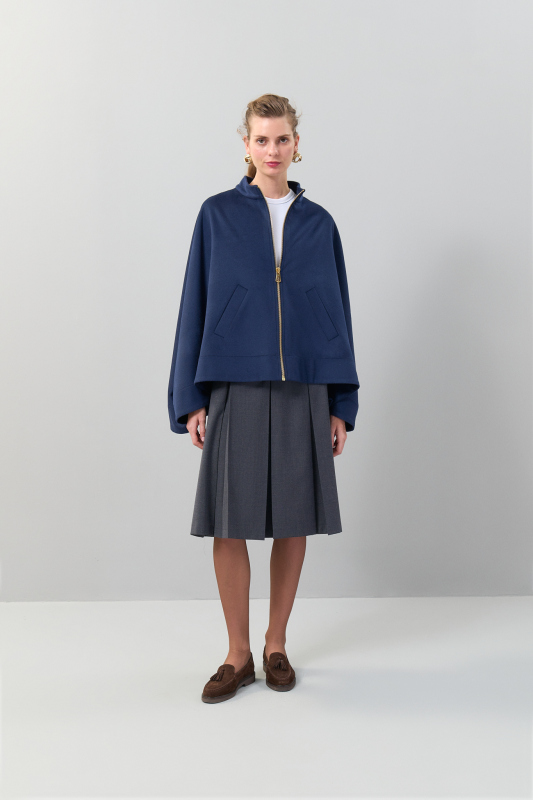 Gold Fermuar Detaylı %100 Yün Panço Lacivert - 5