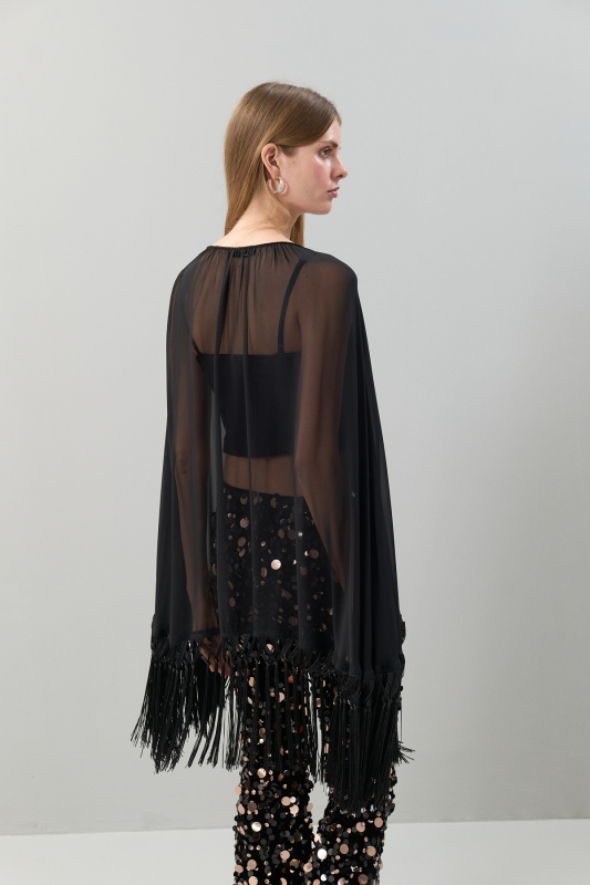 Püskül Detaylı Dokuma Pelerin Siyah - Roman (1)