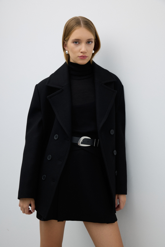 Kaşmir ve Yün Karışımlı Kruvaze Kaban Siyah - 3