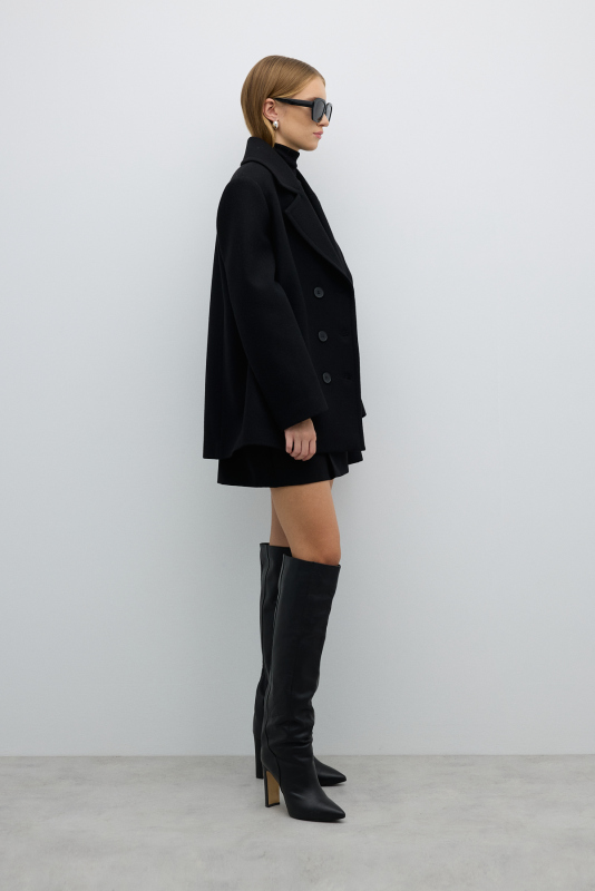 Kaşmir ve Yün Karışımlı Kruvaze Kaban Siyah - 4