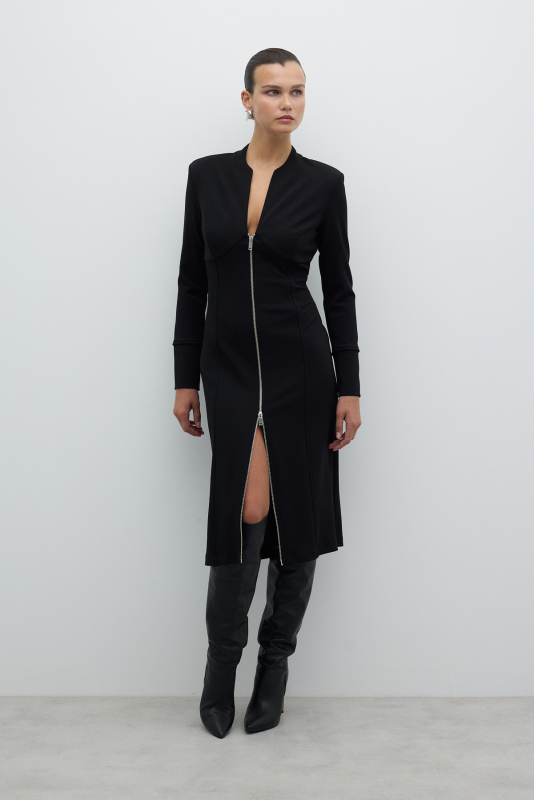 Fermuarlı Örme Midi Boy Elbise Siyah - 4