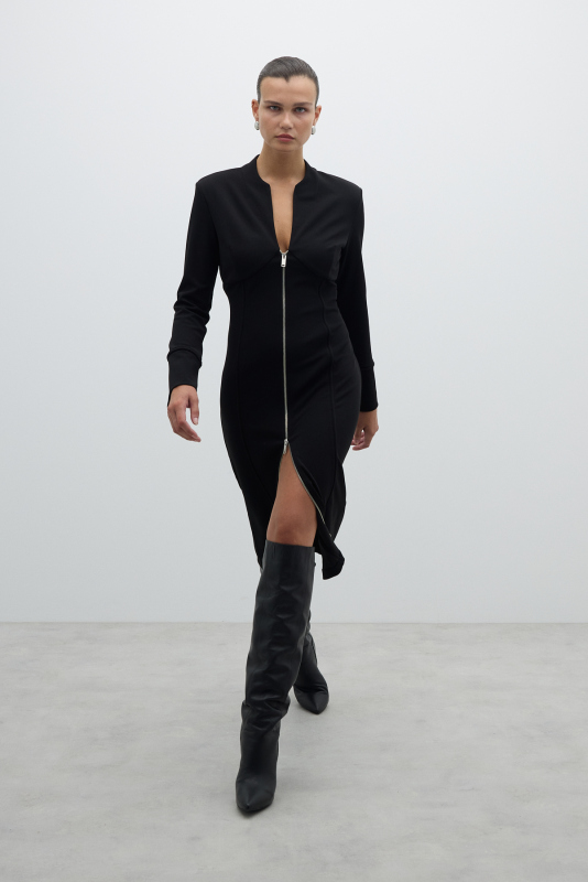 Fermuarlı Örme Midi Boy Elbise Siyah - 6