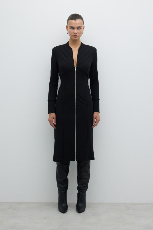 Fermuarlı Örme Midi Boy Elbise Siyah - 1