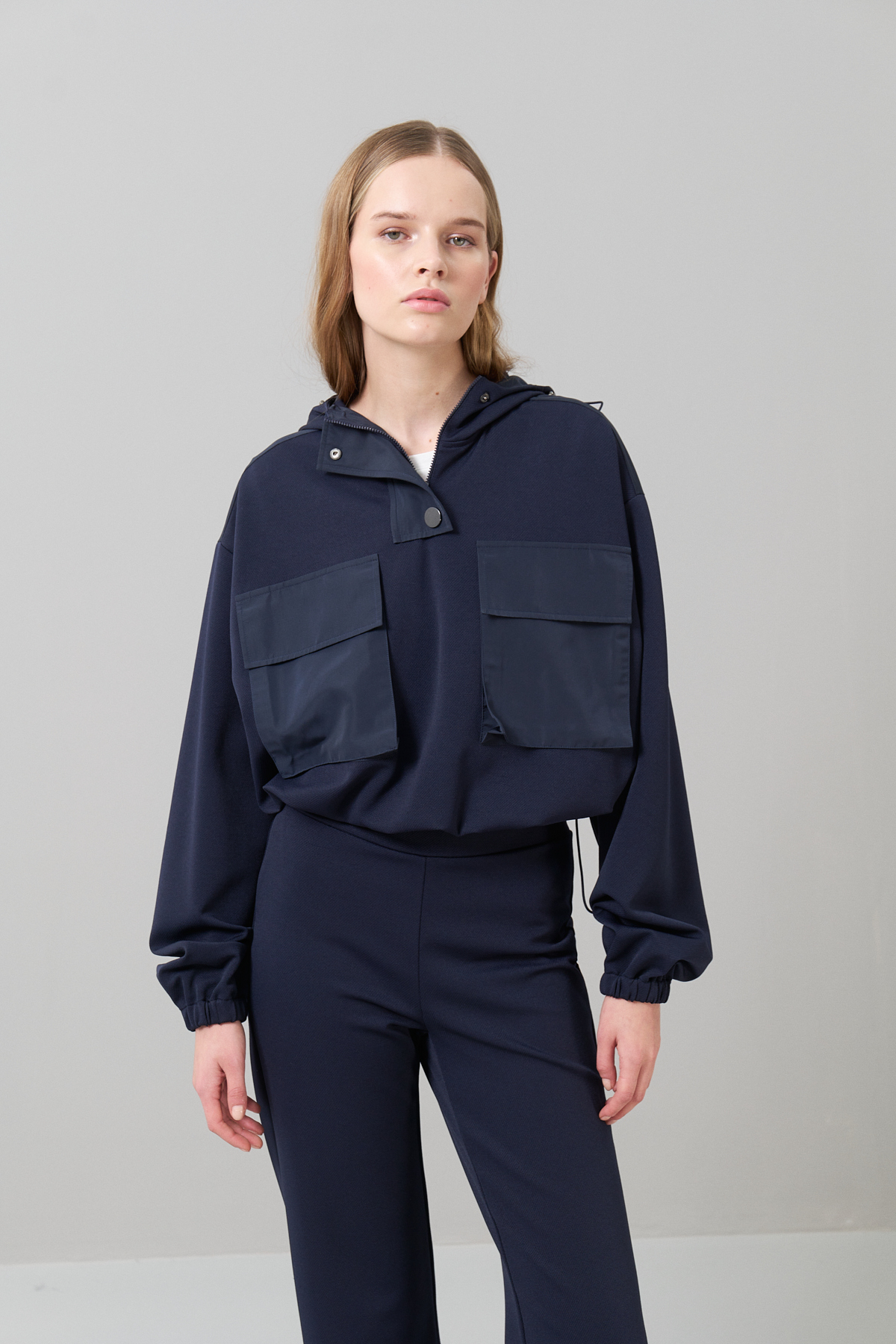 Beli Büzgülü Örme Sweatshirt Lacivert