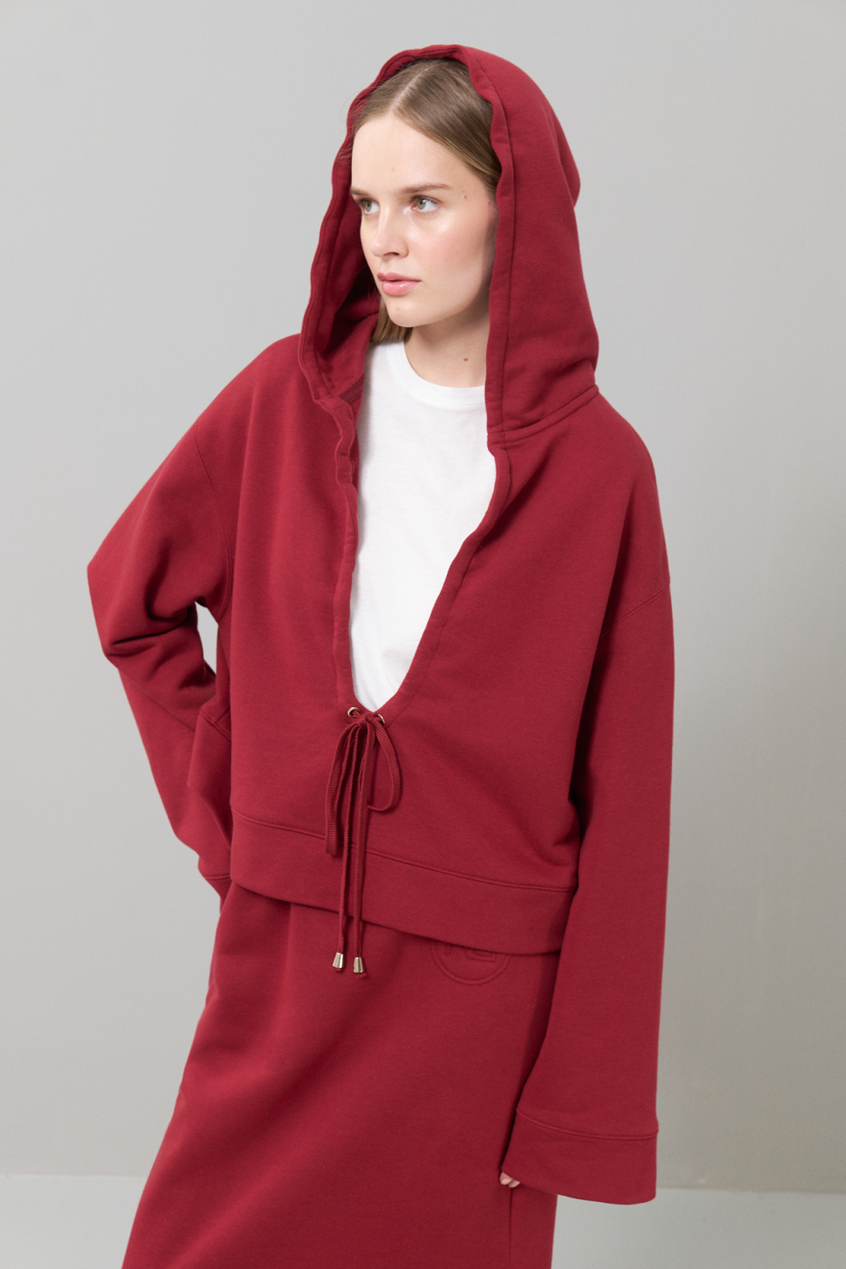 Kapüşonlu Örme Sweatshirt Bordo - 1