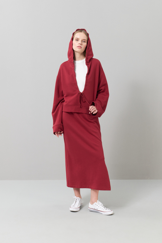 Kapüşonlu Örme Sweatshirt Bordo - 4