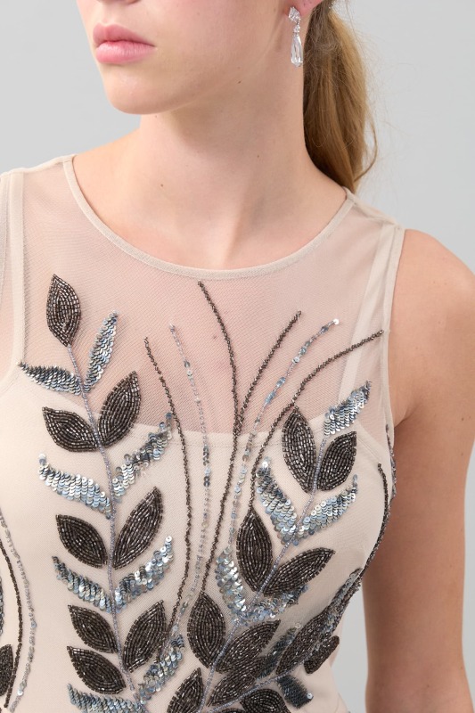 Payet Nakışlı Kolsuz Midi Boy Tül Elbise Standart Renk - 4