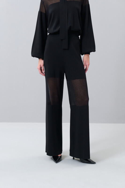 Transparan Detaylı Geniş Paça Triko Pantolon Siyah - 3