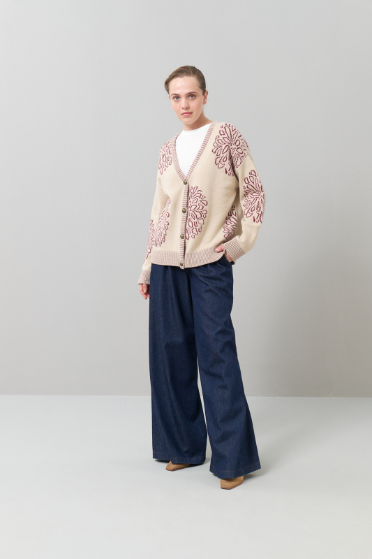 V Yaka Düğmeli Yün Hırka Bordo-Bej - 4