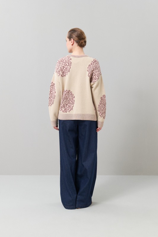 V Yaka Düğmeli Yün Hırka Bordo-Bej - Roman (1)