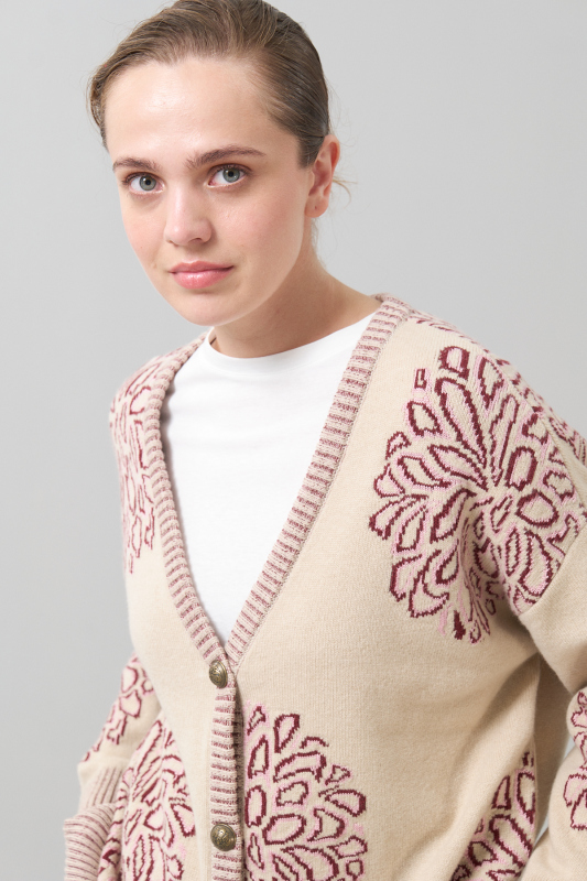 V Yaka Düğmeli Yün Hırka Bordo-Bej - 3