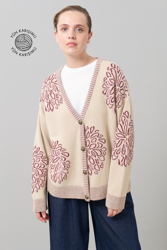 V Yaka Düğmeli Yün Hırka Bordo-Bej - Roman