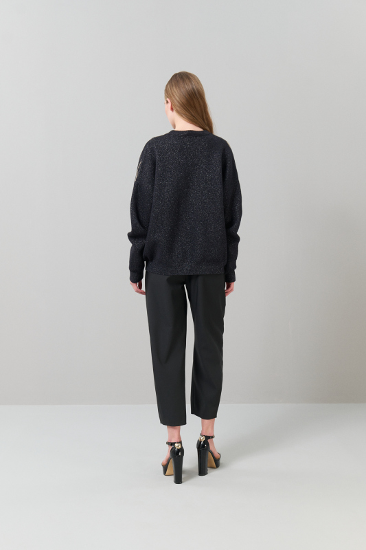 Gold Düğmeli V Yaka Triko Siyah-Gold - Roman (1)