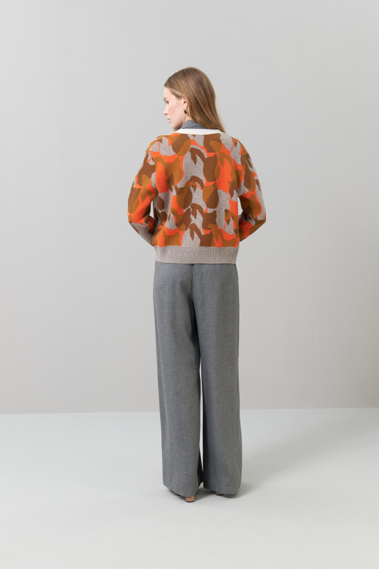 V Yaka Düğmeli Yün Triko Oranj-Taba - Roman (1)