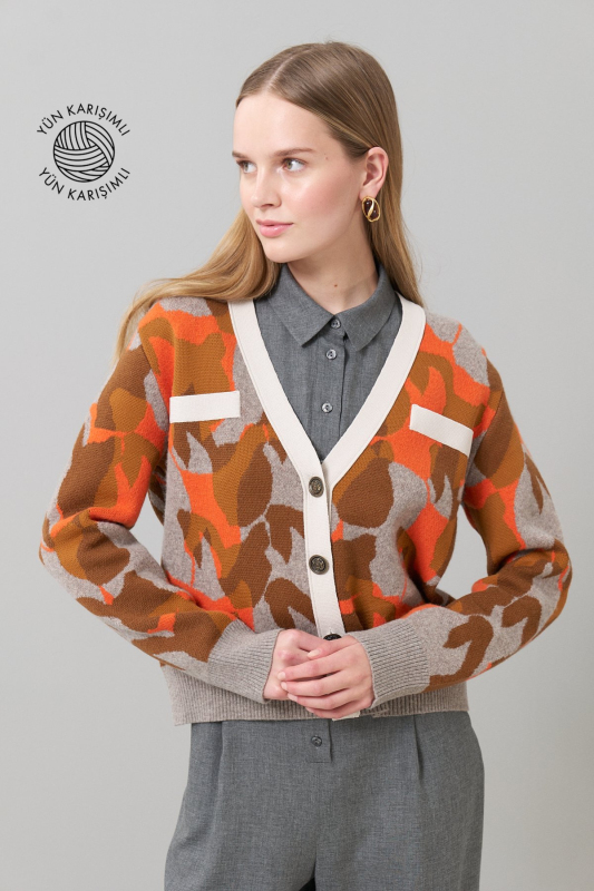 V Yaka Düğmeli Yün Triko Oranj-Taba - Roman