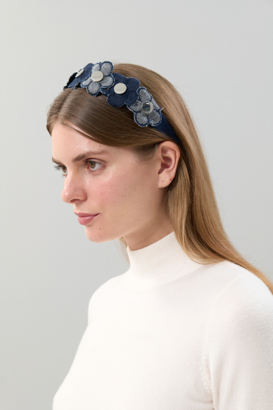 Papatya Motifli Denim Taç Lacivert - 2