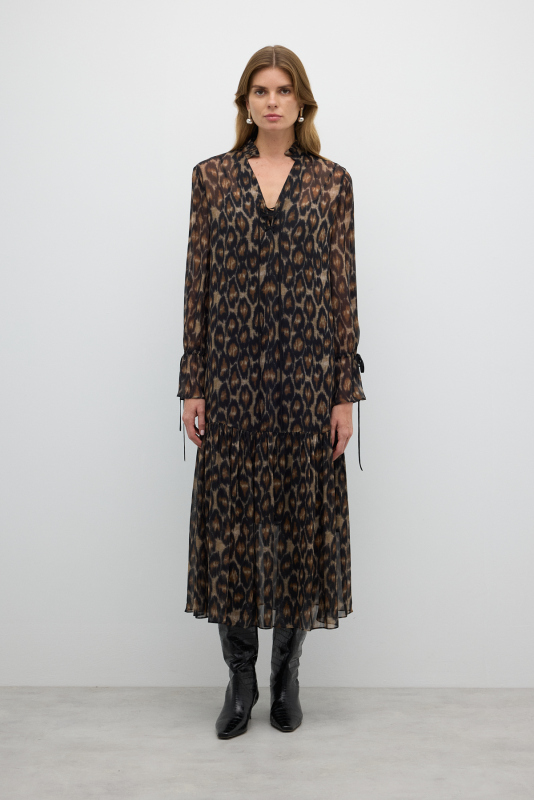 Leopar Desenli Midi Boy Elbise Standart Renk - 1