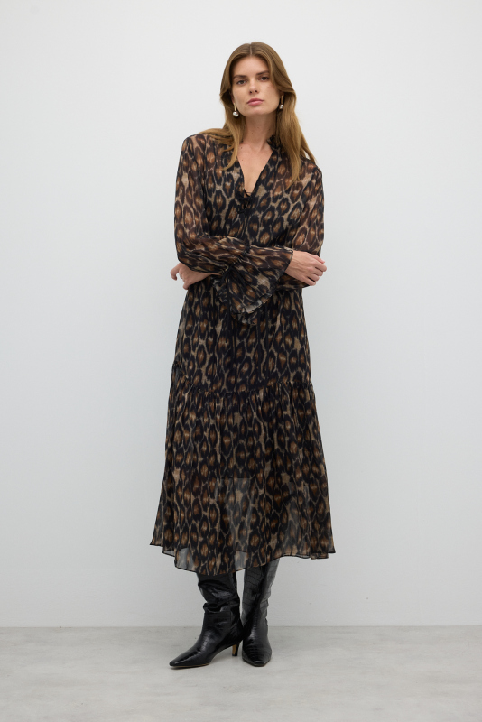 Leopar Desenli Midi Boy Elbise Standart Renk - 3