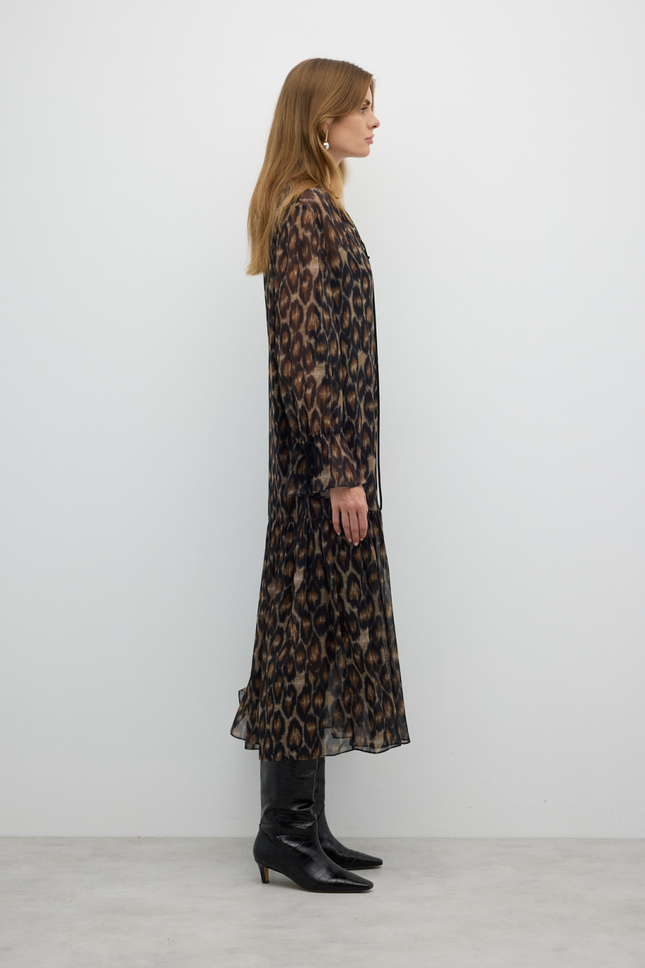 Leopar Desenli Midi Boy Elbise Standart Renk - 4