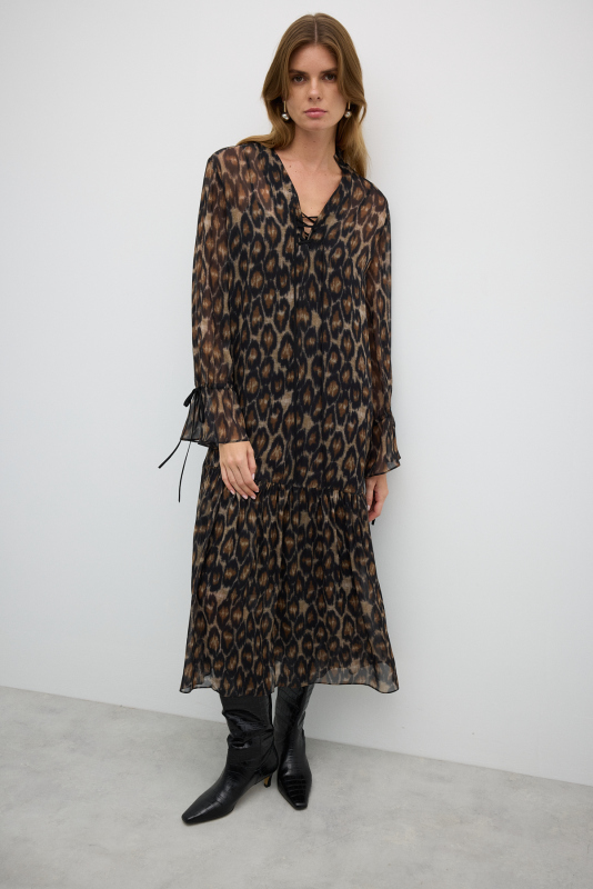 Leopar Desenli Midi Boy Elbise Standart Renk - 5