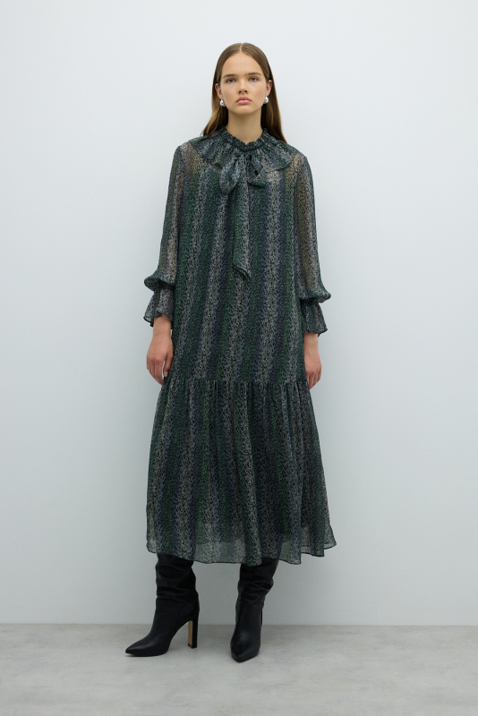 Fırfır Yaka Sabit Fiyonklu Midi Boy Elbise Standart Renk - 3