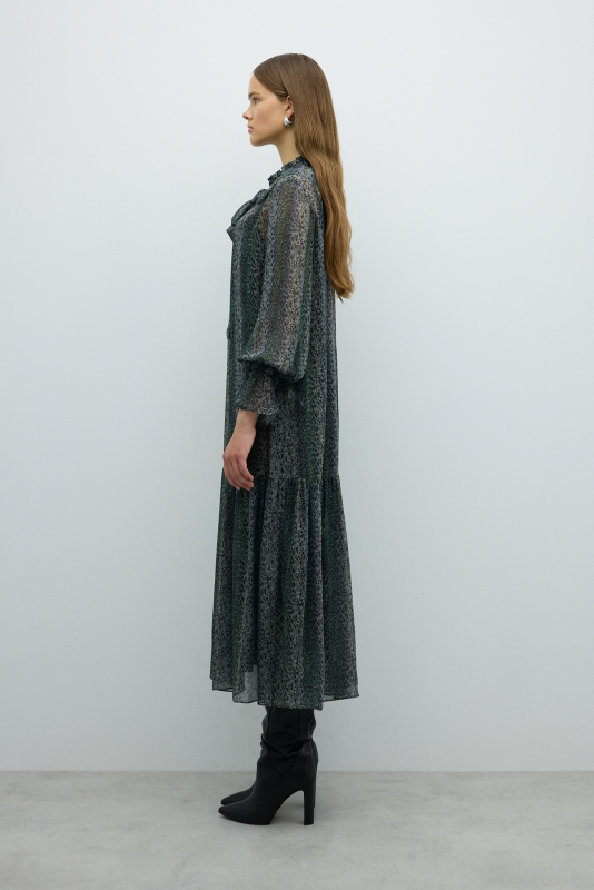 Fırfır Yaka Sabit Fiyonklu Midi Boy Elbise Standart Renk - 2