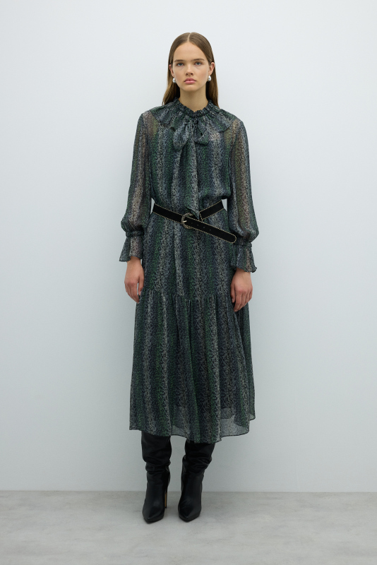 Fırfır Yaka Sabit Fiyonklu Midi Boy Elbise Standart Renk - 1