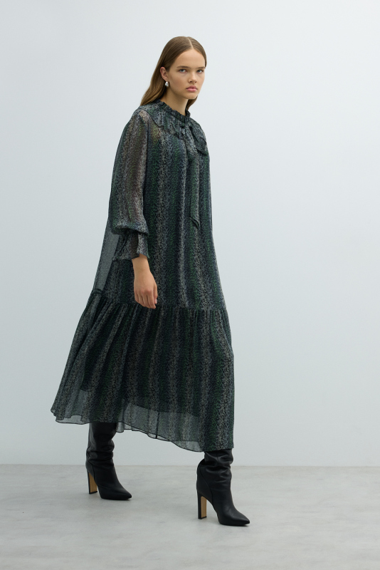 Fırfır Yaka Sabit Fiyonklu Midi Boy Elbise Standart Renk - 5