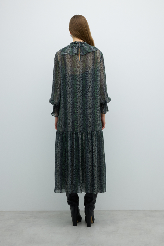 Fırfır Yaka Sabit Fiyonklu Midi Boy Elbise Standart Renk - 4