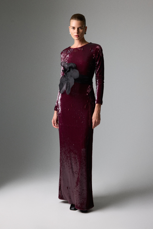 Beli Kuşaklı Maksi Boy Payet Elbise Vişne - Roman