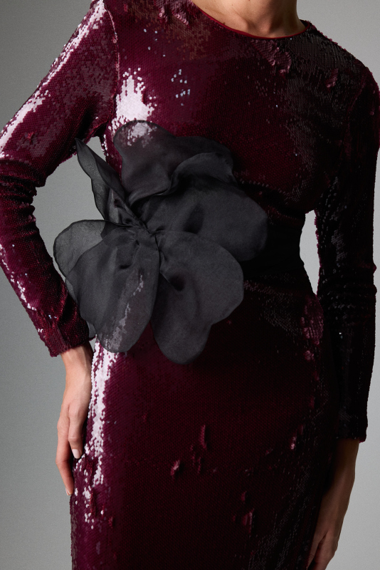 Beli Kuşaklı Maksi Boy Payet Elbise Vişne - 4