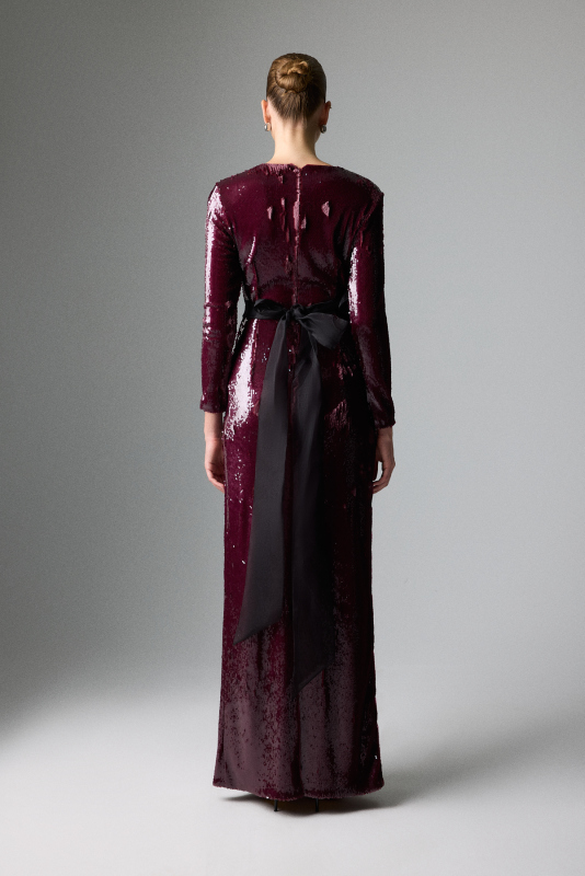 Beli Kuşaklı Maksi Boy Payet Elbise Vişne - Roman (1)