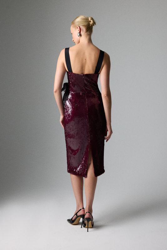 Çiçek Aplikeli Payetli Midi Boy Elbise Vişne - Roman (1)