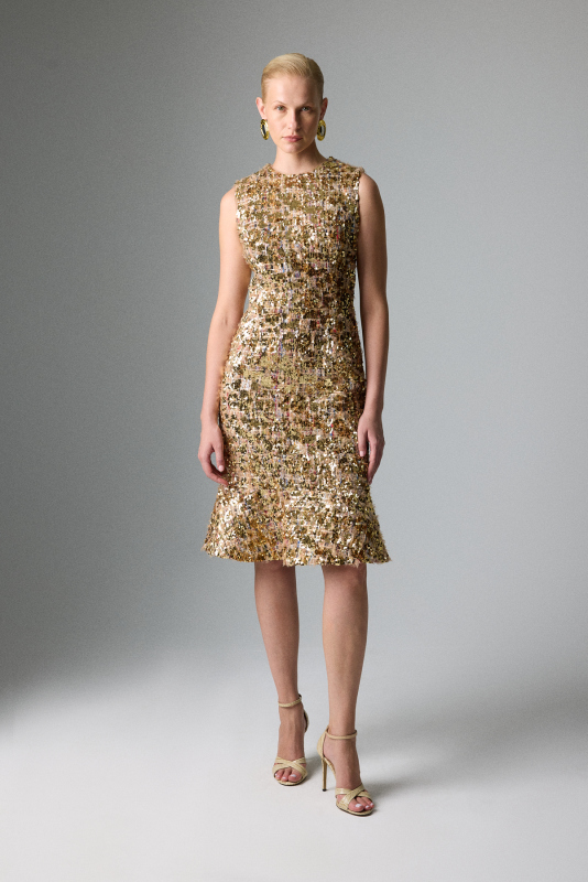 Bisiklet Yaka Midi Boy Payet Elbise Gold - Roman