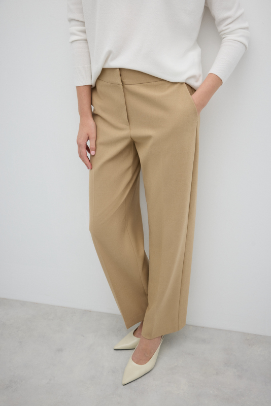 Yün Karışımlı Düz Paça Pantolon Bej - 5