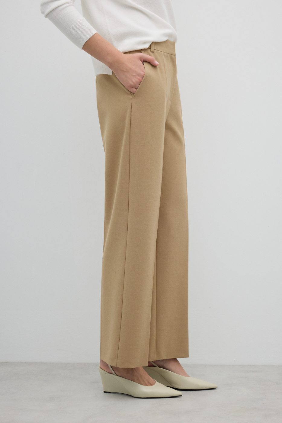 Yün Karışımlı Düz Paça Pantolon Bej - 4