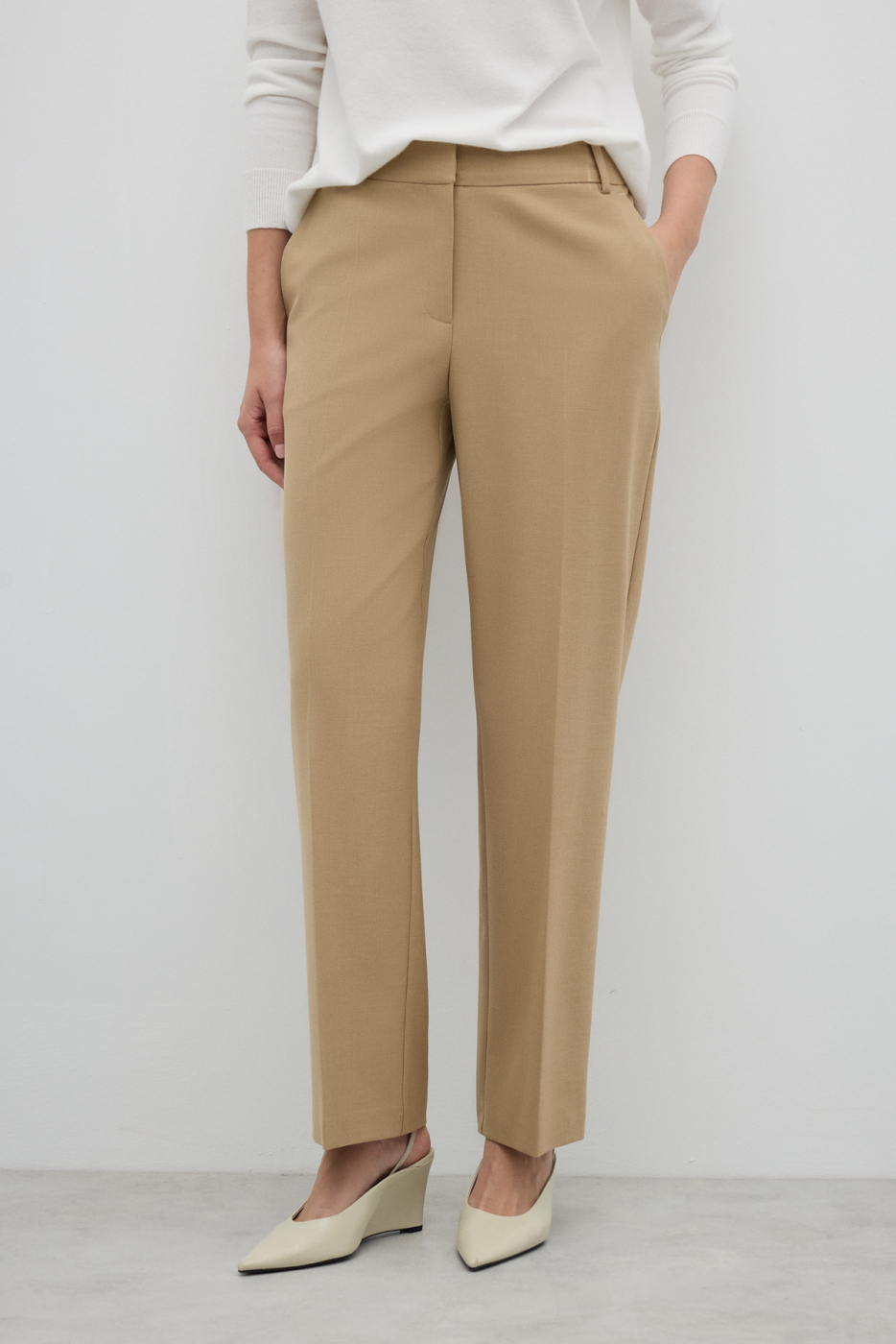 Yün Karışımlı Düz Paça Pantolon Bej - 3