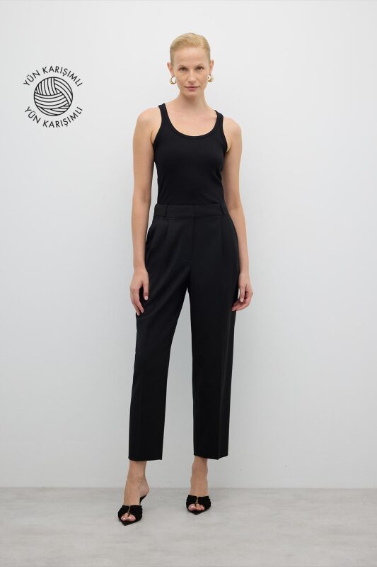 Çift Pileli Yüksek Bel Havuç Pantolon Siyah - Roman