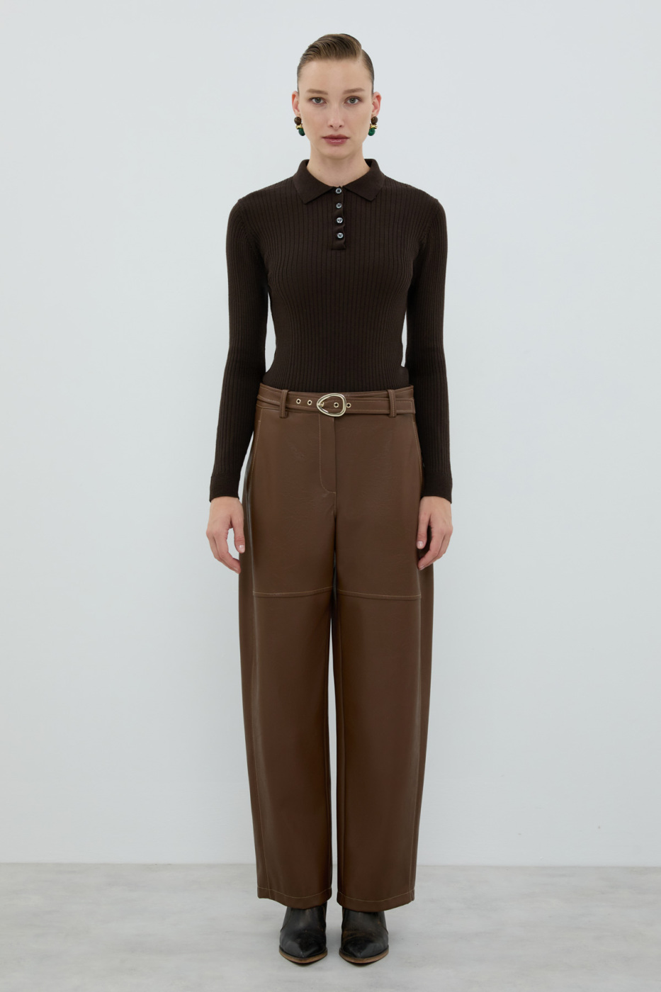 Beli Kemerli Düz Paça Pantolon Kahve - 1