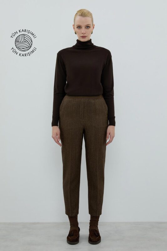 Yün Karışımlı Beli Lastikli Düz Paça Pantolon Kahve - Roman