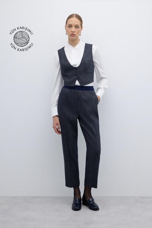 Yün Karışımlı Beli Lastikli Düz Paça Pantolon Lacivert - 1