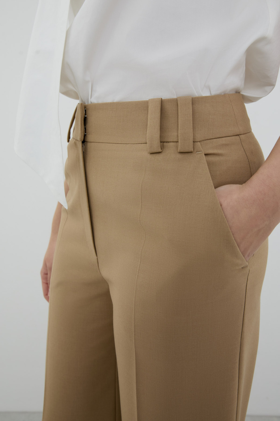 Yün Karışımlı Geniş Düz Paça Pantolon Bej - 3